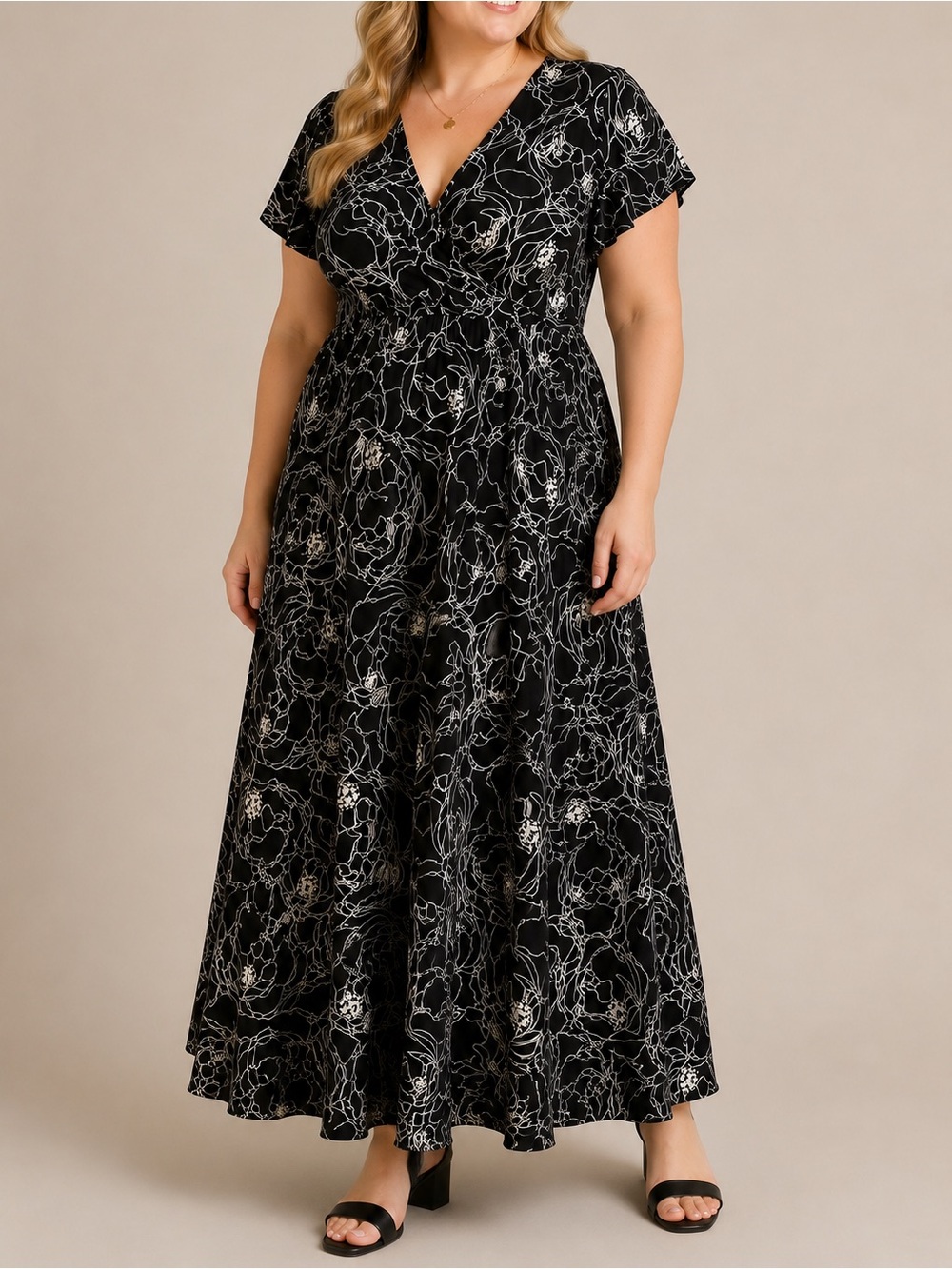 Blue Sky Bamboo Floral Print Maxi Dress Black White V-Neck Women’s Large
